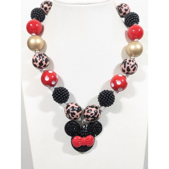 Unbranded Jewelry - Minnie Mouse Ears Chunky Red Black Animal Print Beaded statement Necklace 18 in